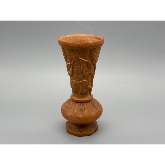 Vintage Hand Carved Wood Vase With Leaf And Floral Motifs | Rustic Decorative - Picture 1 of 8
